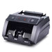Gray money counter with digital display, hopper and bill stacker, three-quarter front view