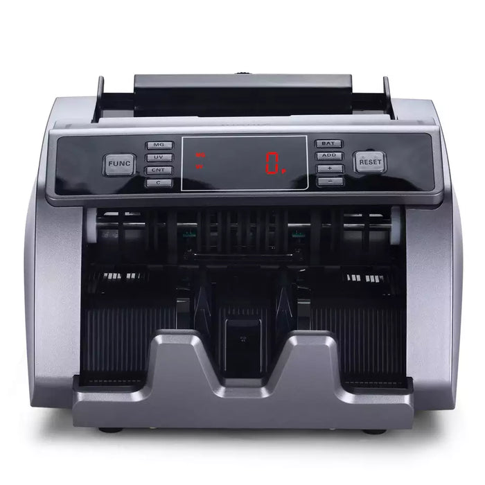 Money counter with digital display and bill stacker, straight-on front view