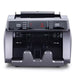 Money counter with digital display and bill stacker, straight-on front view
