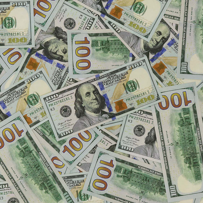Scattered Full Print New Series $100 prop bills showing Franklin portraits