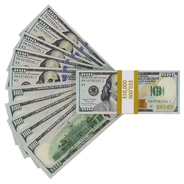 Fanned Full Print $100 prop bills beside a stack with a yellow $10,000 band