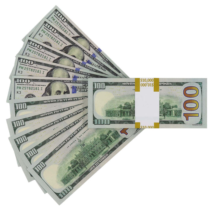 Fanned Full Print $100 prop bills and a banded stack showing the reverse side