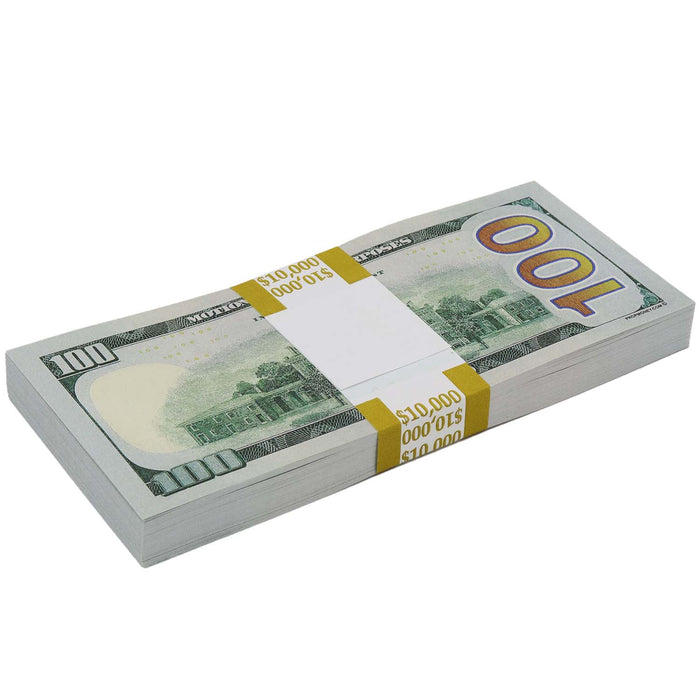 Full Print $100 prop money stack showing Independence Hall and a yellow $10,000 band