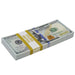 Full Print $100 prop money stack with a yellow $10,000 band, alternate angled view