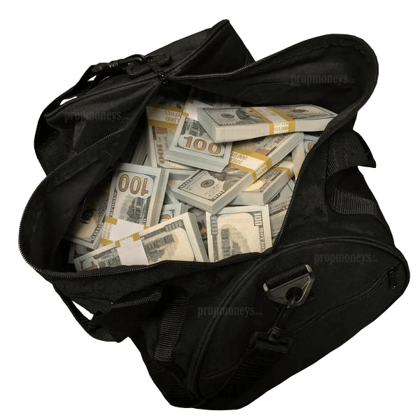 Actual black duffel bag filled with 50 Full Print $100 prop money stacks, shown as one bag from the multi-duffel kit