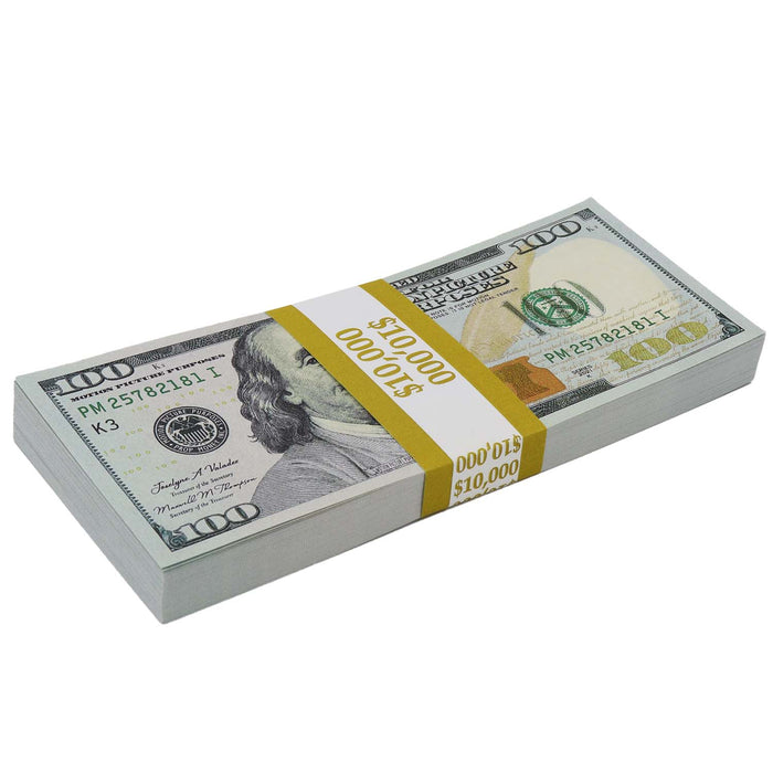 Front of an actual Full Print $100 prop money stack showing Franklin and a gold $10,000 band
