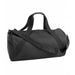 Actual empty black duffel bag with carry handles, front pocket and adjustable shoulder strap