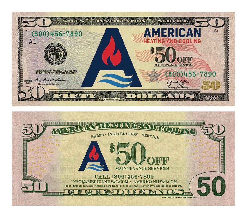 Custom business coupon bills for a heating and cooling company