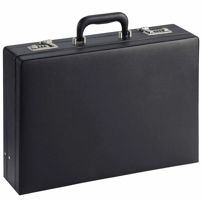 Closed black briefcase with padded carrying handle and two silver combination locks, three-quarter front view