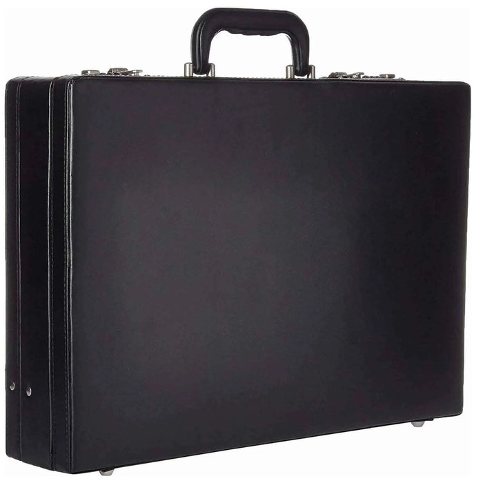 Closed black briefcase with its expandable base extended