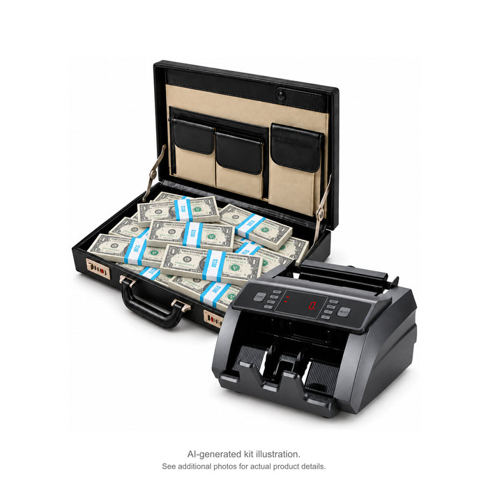 AI-generated illustration of an open black briefcase filled with $1 Full Print prop money stacks beside a money counter; see additional photos for actual product details