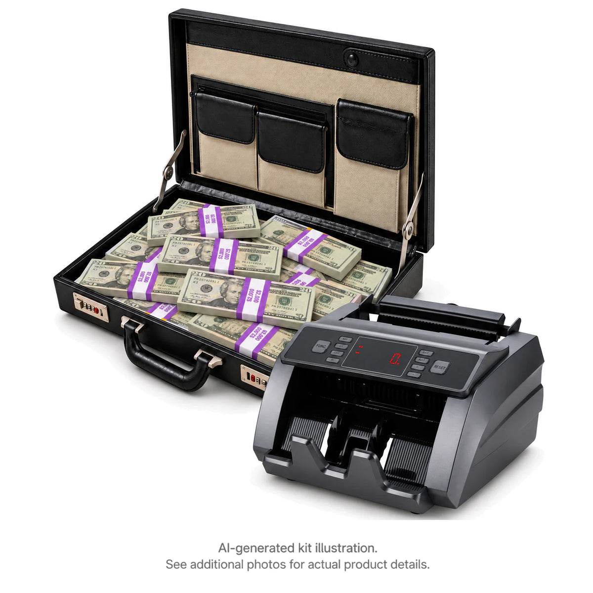 AI-generated illustration of an open black briefcase filled with Full Print $20 prop money stacks beside a money counter; see additional photos for actual product details
