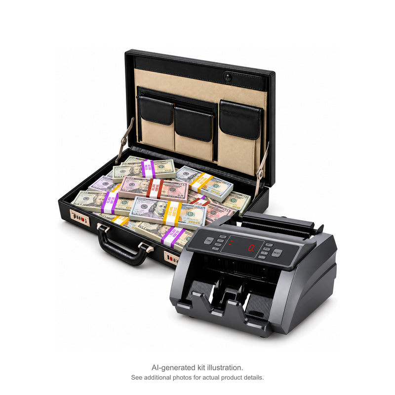 AI-generated illustration of an open black briefcase filled with mixed Full Print $20, $50 and $100 prop money stacks beside a money counter; see additional photos for actual product details