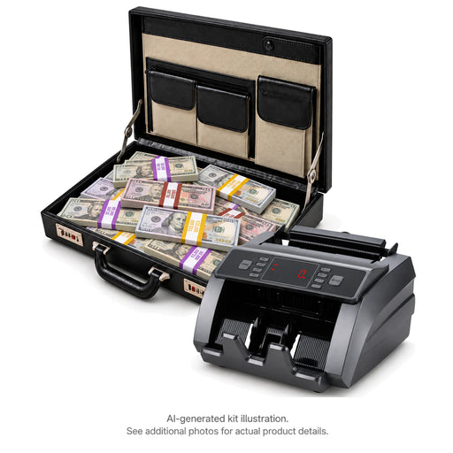 AI-generated illustration of an open black briefcase filled with mixed Full Print $20, $50 and $100 prop money stacks beside a money counter; see additional photos for actual product details