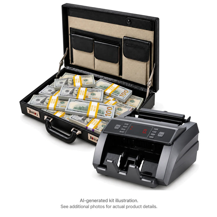AI-generated illustration of an open black briefcase filled with Full Print $100 prop money stacks beside a money counter; see additional photos for actual product details