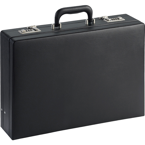 Open empty black briefcase with interior organizer pockets and combination locks