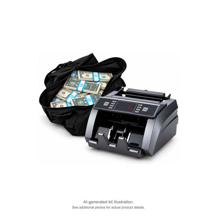 AI-generated illustration of a black duffel bag filled with cyan-banded $1 Full Print prop money stacks beside a money counter; see additional photos for actual product details