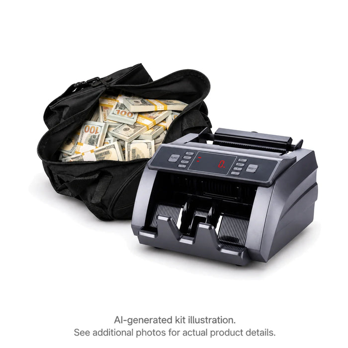 AI-generated illustration of a black duffel bag filled with Full Print $100 prop money stacks beside a money counter; see additional photos for actual product details