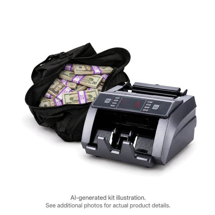 AI-generated kit illustration: Black duffel bag filled with Full Print $20 prop money stacks beside a money counter; see additional photos for actual product details