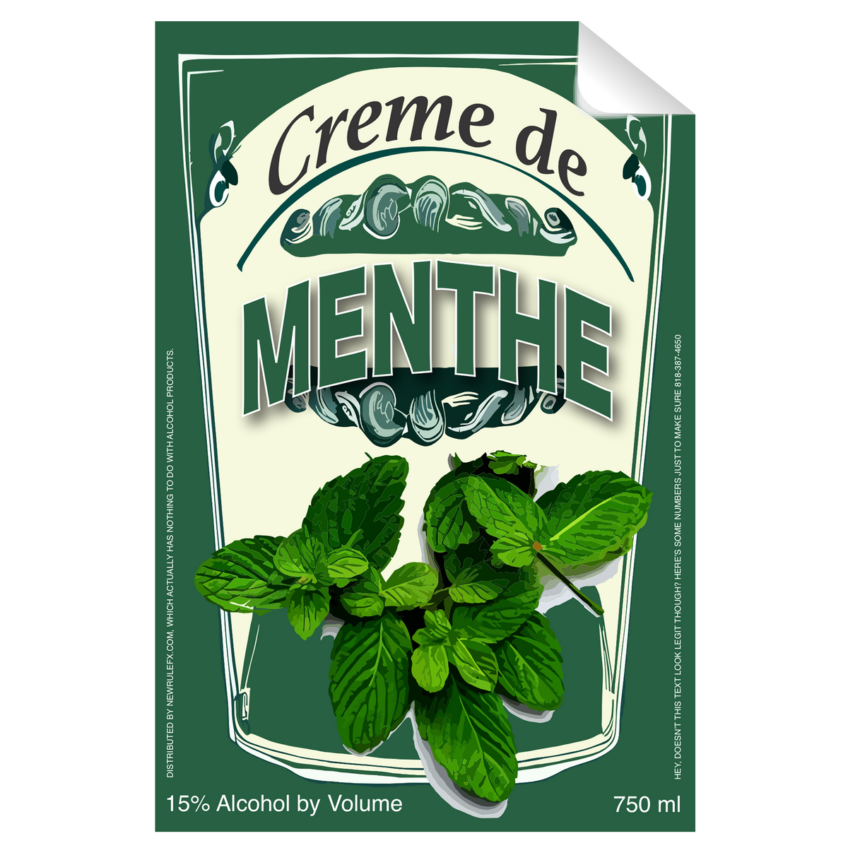Creme De Menthe Single Self Adhesive Label - License and Royalty Free for Film Use - Prop Money Inc.