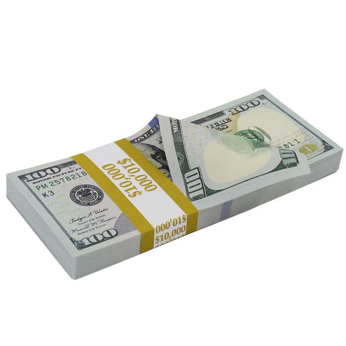 Banded Full Print New Series $100 prop money stacks arranged for display