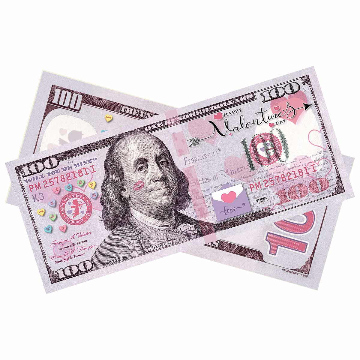 Happy Valentine’s Day novelty bills with romantic themed artwork