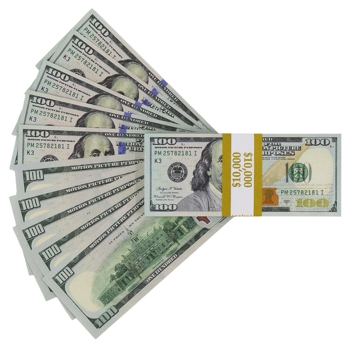 Actual Full Print $100 prop bills fanned beside a yellow-banded $10,000 stack