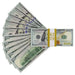 Actual Full Print $100 prop bills fanned beside a yellow-banded $10,000 stack