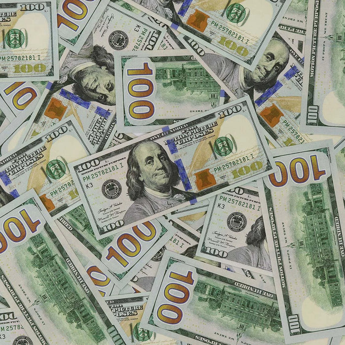 Actual Full Print $100 prop bills scattered together, showing the Franklin front design and motion picture markings