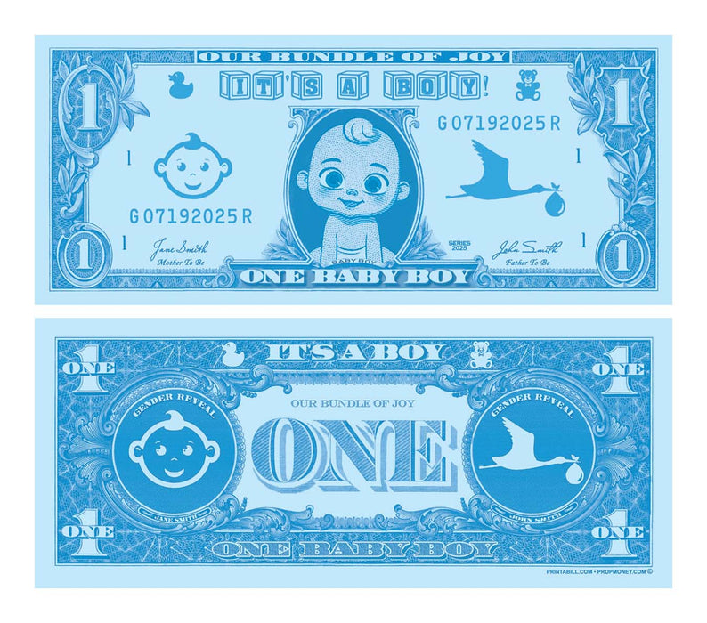 Blue custom baby shower money bills announcing a baby boy
