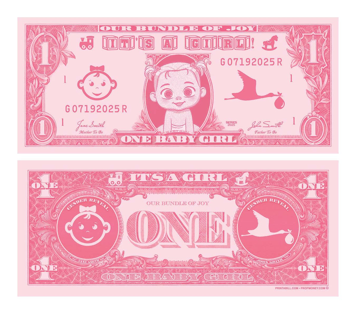 Pink custom baby shower money bills announcing a baby girl