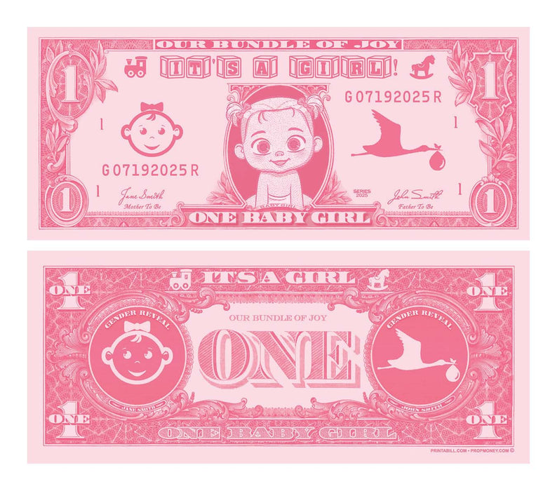 Pink custom baby shower money bills announcing a baby girl