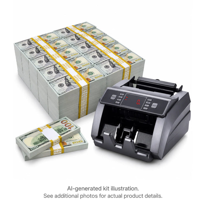 AI-generated kit illustration: Million Dollar Prop Money Kit with banded Full Print $100 stacks and a money counter; see additional photos for actual product details