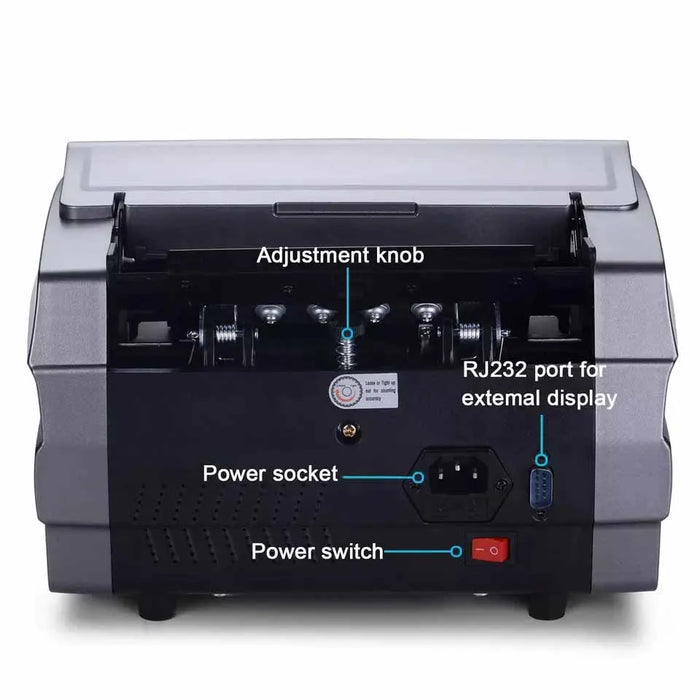 Rear of the money counter showing the adjustment knob, power socket, power switch and display port
