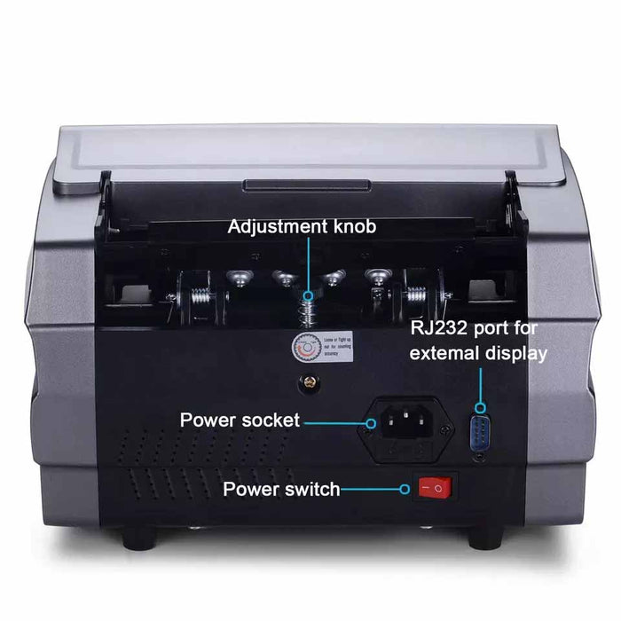 Rear of the money counter showing adjustment knob, power socket, power switch and display port