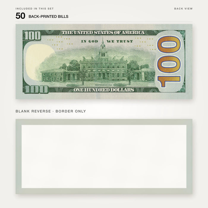 $100 New Series Close-Up prop bill: back-printed bill above its blank bordered reverse.