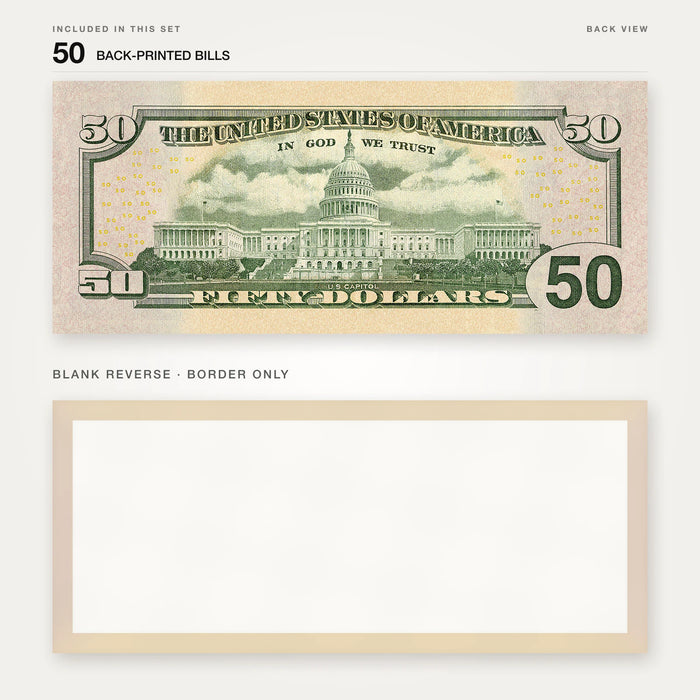 $50 New Series Close-Up prop bill: back-printed bill above its blank bordered reverse.