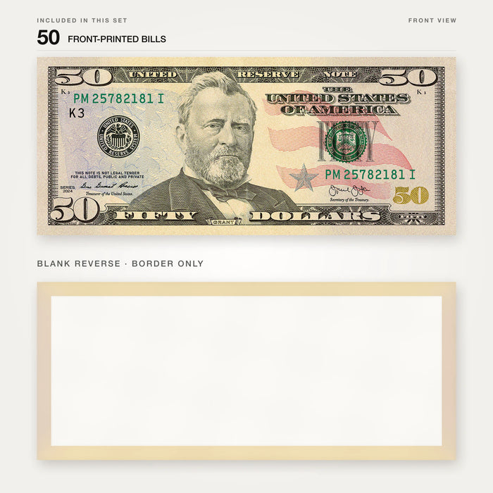 $50 New Series Close-Up prop bill: front-printed bill above its blank bordered reverse.