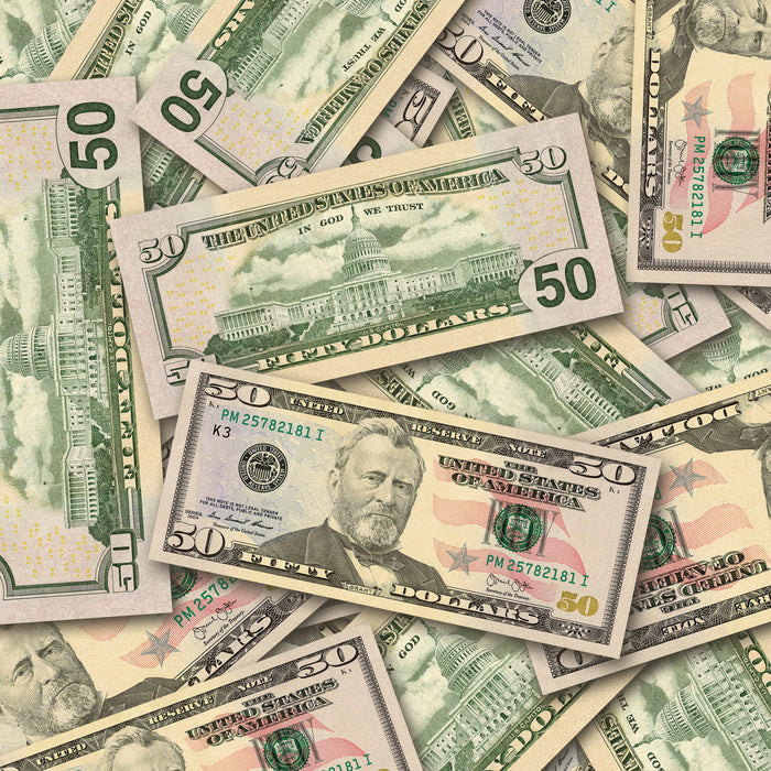 $50 New Series Close-Up prop bills with printed fronts and backs scattered randomly; one complete front and back centered.