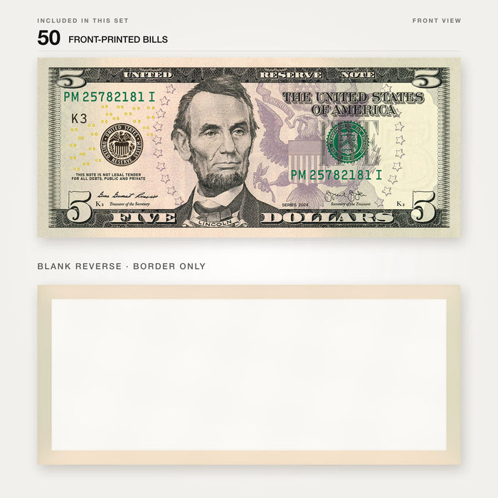 $5 New Series Close-Up prop bill: front-printed bill above its blank bordered reverse.