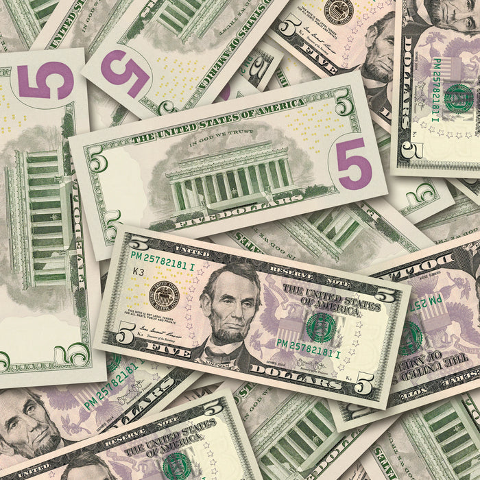 $5 New Series Close-Up prop bills with printed fronts and backs scattered randomly; one complete front and back centered.