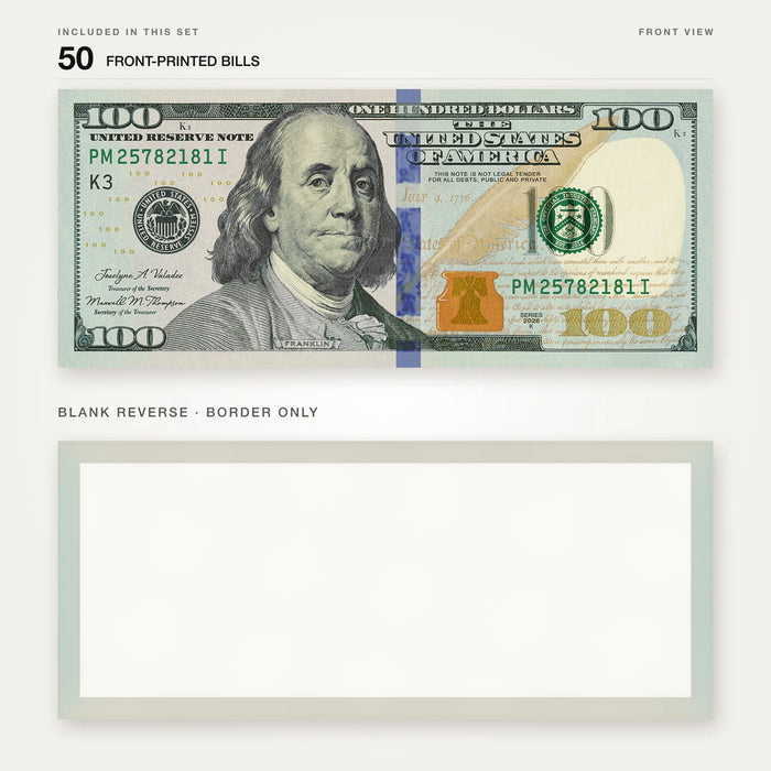$100 New Series Close-Up prop bill: front-printed bill above its blank bordered reverse.