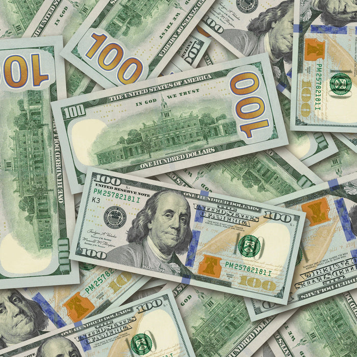 $100 New Series Close-Up prop bills with printed fronts and backs scattered randomly; one complete front and back centered.