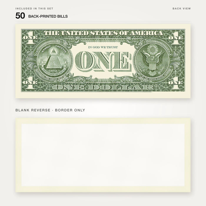 $1 New Series Close-Up prop bill: back-printed bill above its blank bordered reverse.