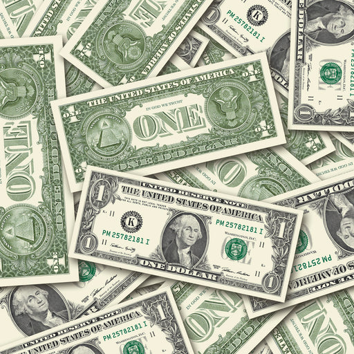 $1 New Series Close-Up prop bills with printed fronts and backs scattered randomly; one complete front and back centered.