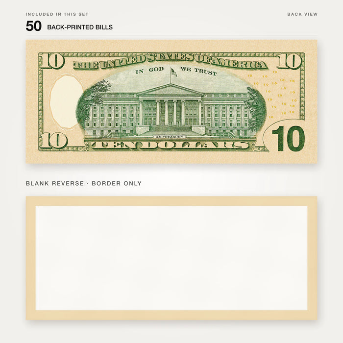 $10 New Series Close-Up prop bill: back-printed bill above its blank bordered reverse.