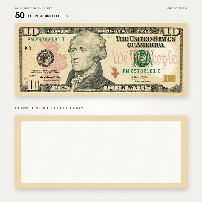 $10 New Series Close-Up prop bill: front-printed bill above its blank bordered reverse.