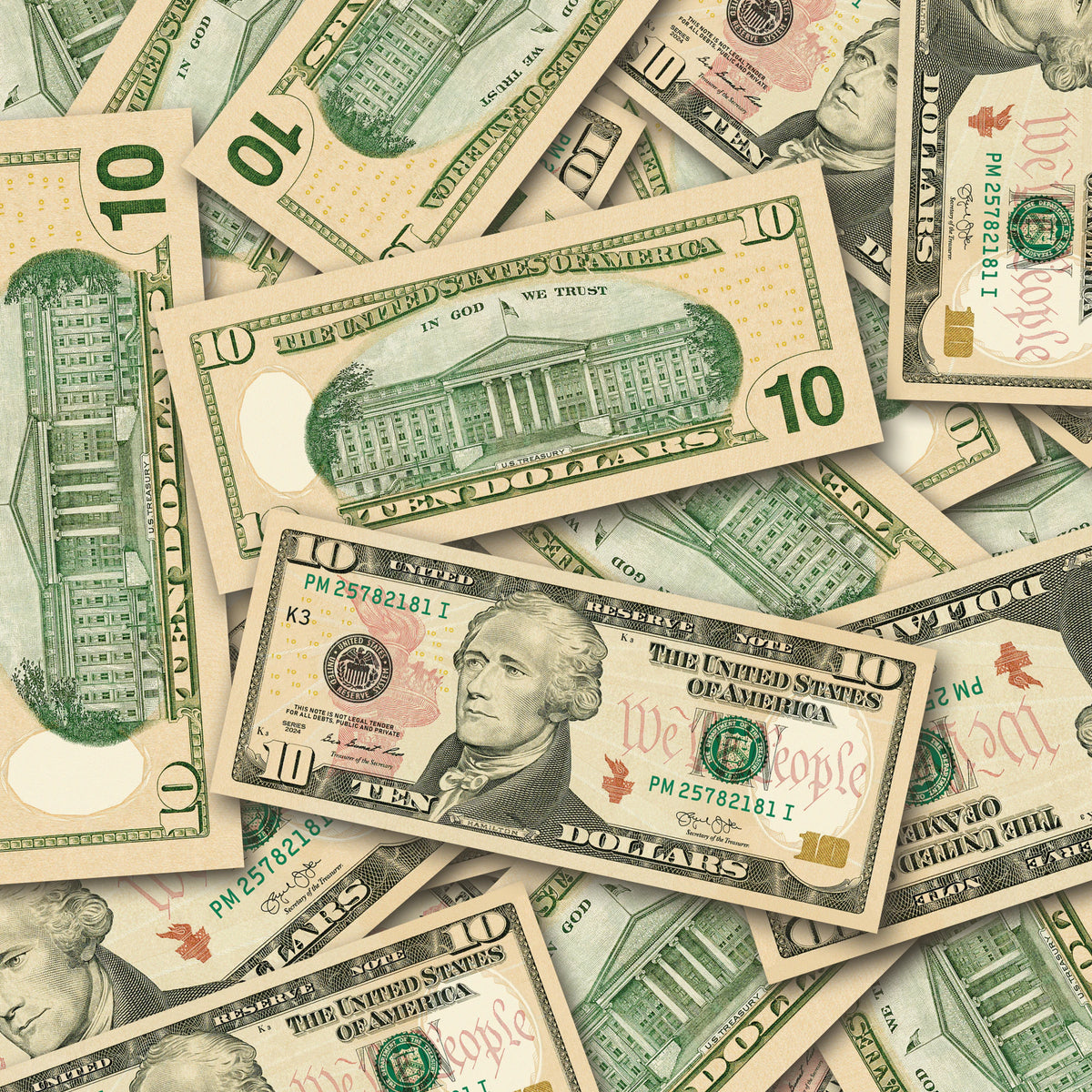 $10 New Series Close-Up prop bills with printed fronts and backs scattered randomly; one complete front and back centered.