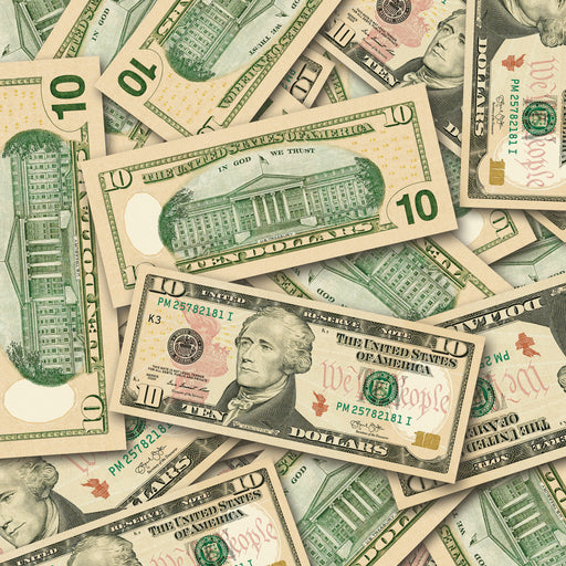 $10 New Series Close-Up prop bills with printed fronts and backs scattered randomly; one complete front and back centered.