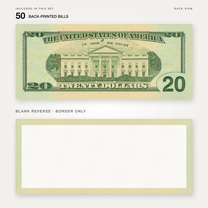 $20 New Series Close-Up prop bill: back-printed bill above its blank bordered reverse.